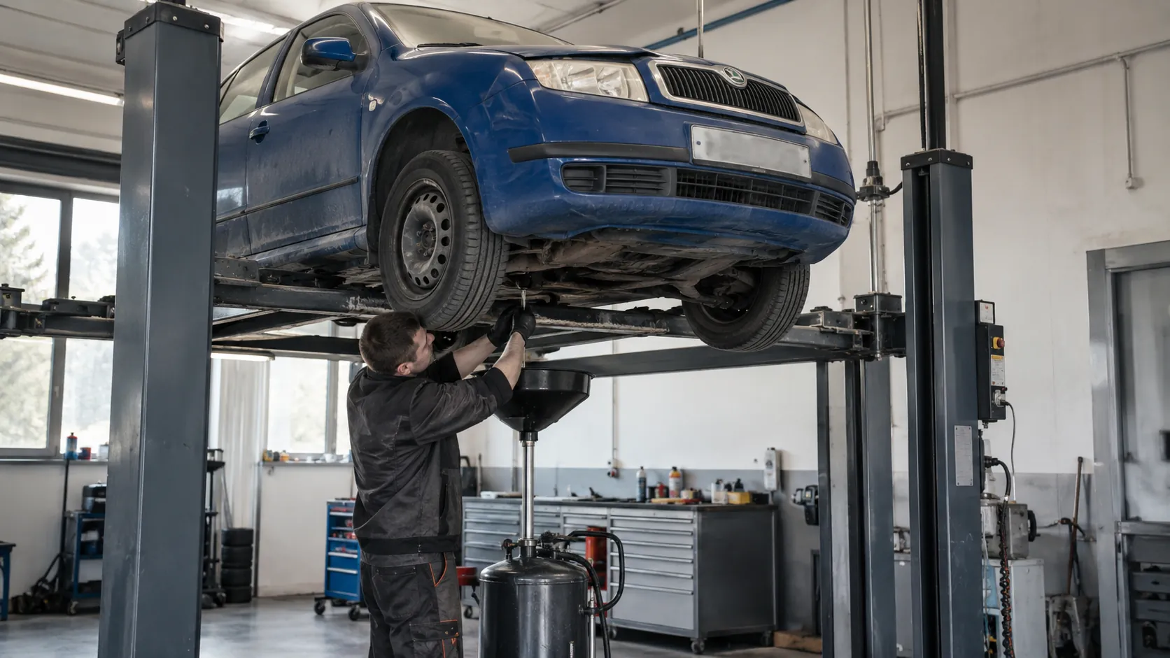 Odčerpání motorového oleje pod vozidlem Škoda v dílně