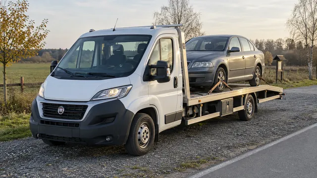 Bílý odtahový vůz s upevněným vozidlem Škoda na hliníkové plošině