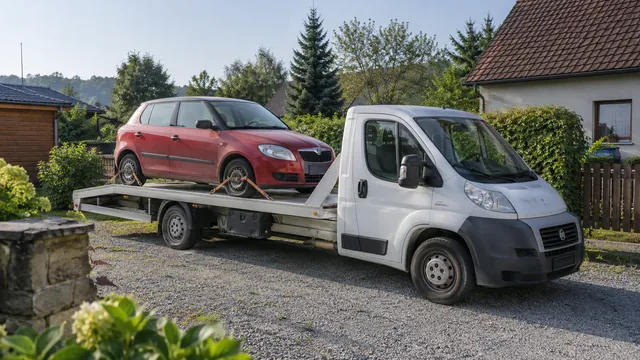 Bílý odtahový vůz s upevněným vozidlem Škoda na hliníkové plošině