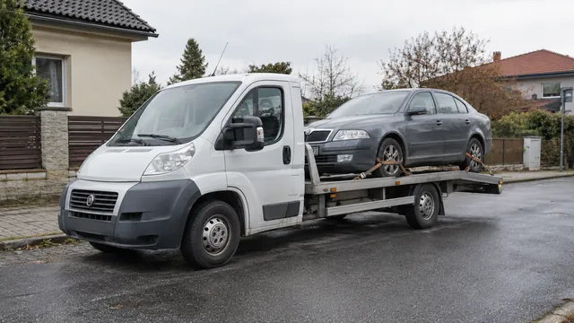Bílý odtahový vůz s upevněným vozidlem Škoda na hliníkové plošině