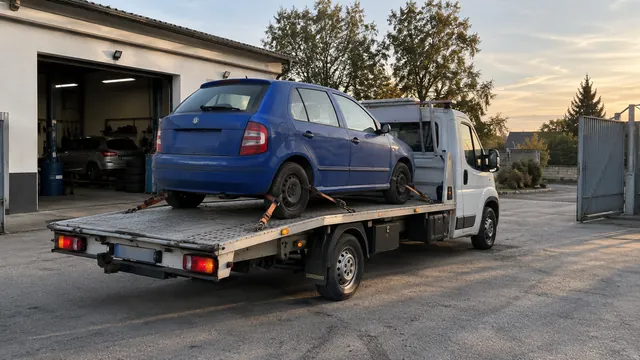 Bílý odtahový vůz s upevněným vozidlem Škoda na hliníkové plošině