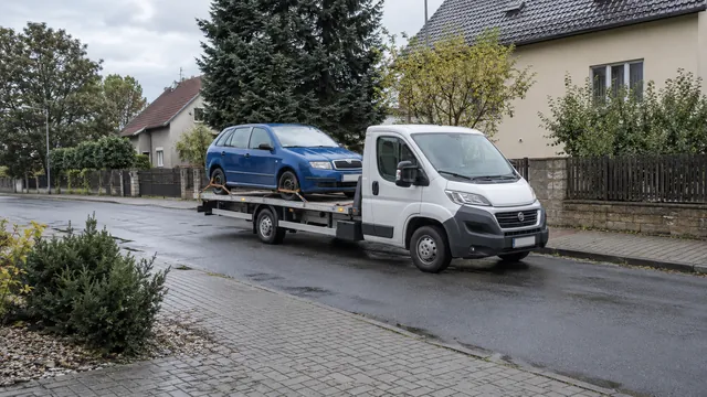 Bílý odtahový vůz s upevněným vozidlem Škoda na hliníkové plošině