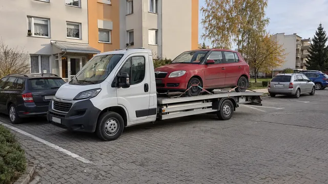 Bílý odtahový vůz s upevněným vozidlem Škoda na hliníkové plošině
