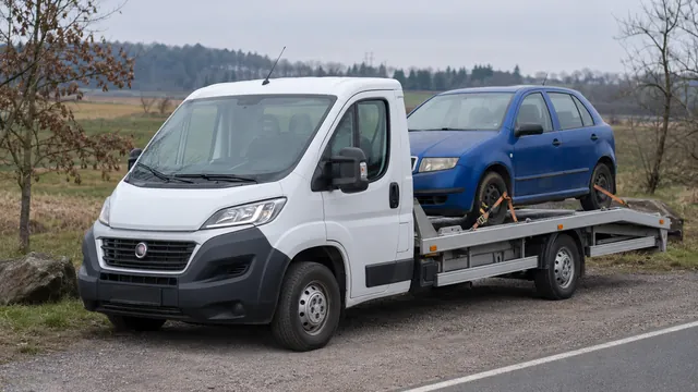 Bílý odtahový vůz s upevněným vozidlem Škoda na hliníkové plošině
