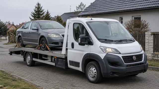 Bílý odtahový vůz s upevněným vozidlem Škoda na hliníkové plošině