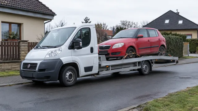 Bílý odtahový vůz s upevněným vozidlem Škoda na hliníkové plošině