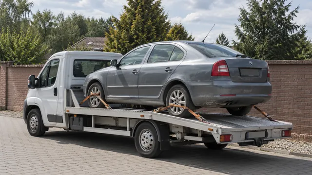 Bílý odtahový vůz s upevněným vozidlem Škoda na hliníkové plošině