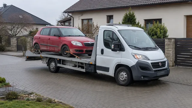 Bílý odtahový vůz s upevněným vozidlem Škoda na hliníkové plošině