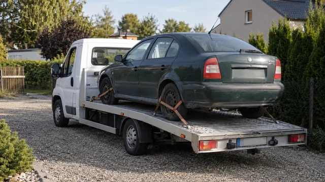 Bílý odtahový vůz s upevněným vozidlem Škoda na hliníkové plošině
