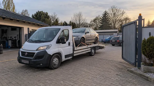 Bílý odtahový vůz s upevněným vozidlem Škoda na hliníkové plošině