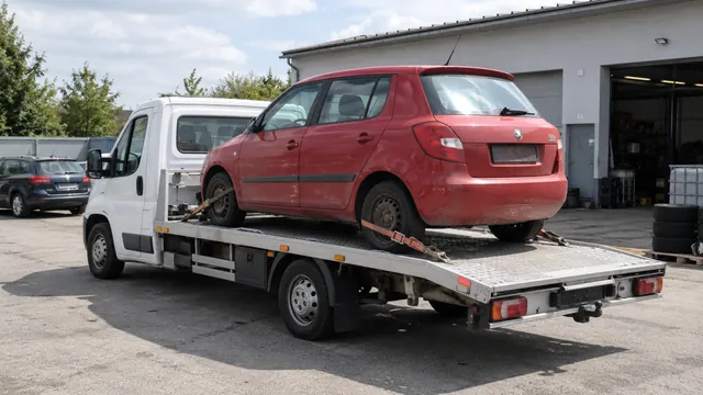 Bílý odtahový vůz s upevněným vozidlem Škoda na hliníkové plošině