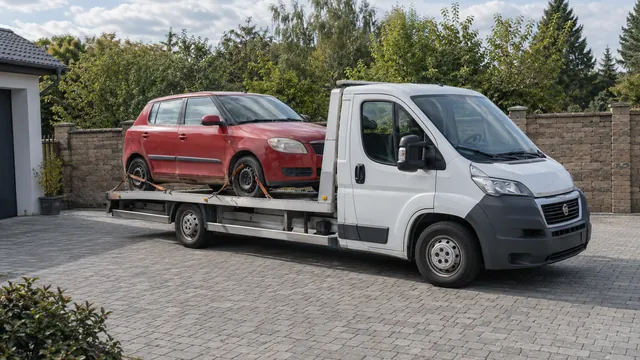 Bílý odtahový vůz s upevněným vozidlem Škoda na hliníkové plošině