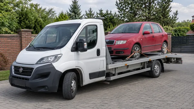 Bílý odtahový vůz s upevněným vozidlem Škoda na hliníkové plošině