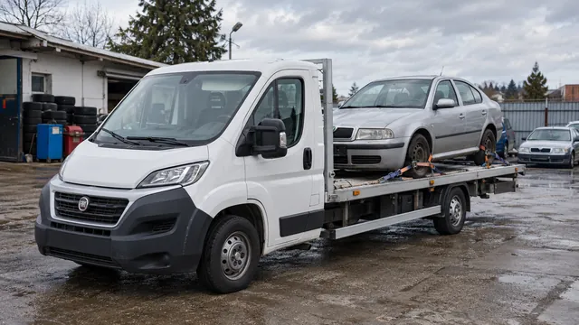 Bílý odtahový vůz s upevněným vozidlem Škoda na hliníkové plošině