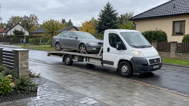 Bílý odtahový vůz s upevněným vozidlem Škoda na hliníkové plošině