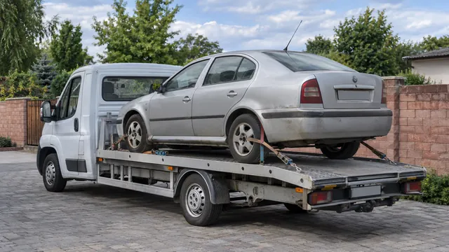 Bílý odtahový vůz s upevněným vozidlem Škoda na hliníkové plošině
